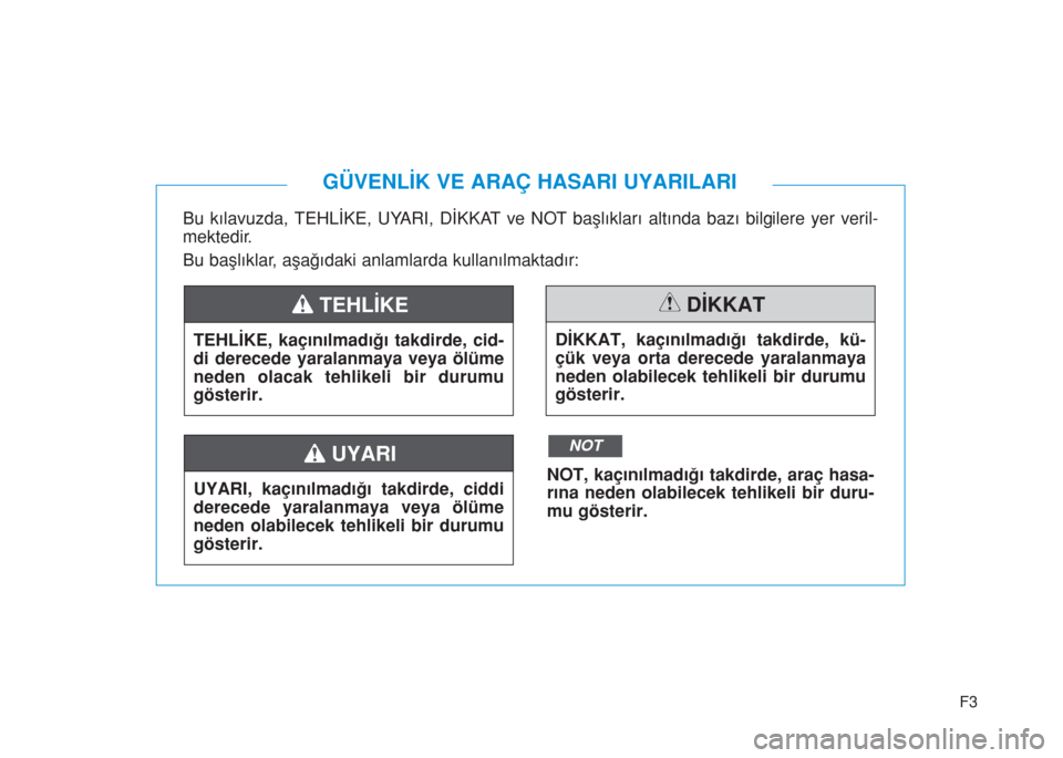 Hyundai Kona 2018 Kullanım Kılavuzu (in Turkish) F3
Bu kılavuzda, TEHLİKE, UYARI, DİKKAT ve NOT başlıkları altında bazı bilgilere yer veril-
mektedir.
Bu başlıklar, aşağıdaki anlamlarda kullanılmaktadır:
GÜVENLİK VE ARAÇ HASARI UYA Hyundai Kona 2018 Kullanım Kılavuzu (in Turkish) F3
Bu kılavuzda, TEHLİKE, UYARI, DİKKAT ve NOT başlıkları altında bazı bilgilere yer veril-
mektedir.
Bu başlıklar, aşağıdaki anlamlarda kullanılmaktadır:
GÜVENLİK VE ARAÇ HASARI UYA
