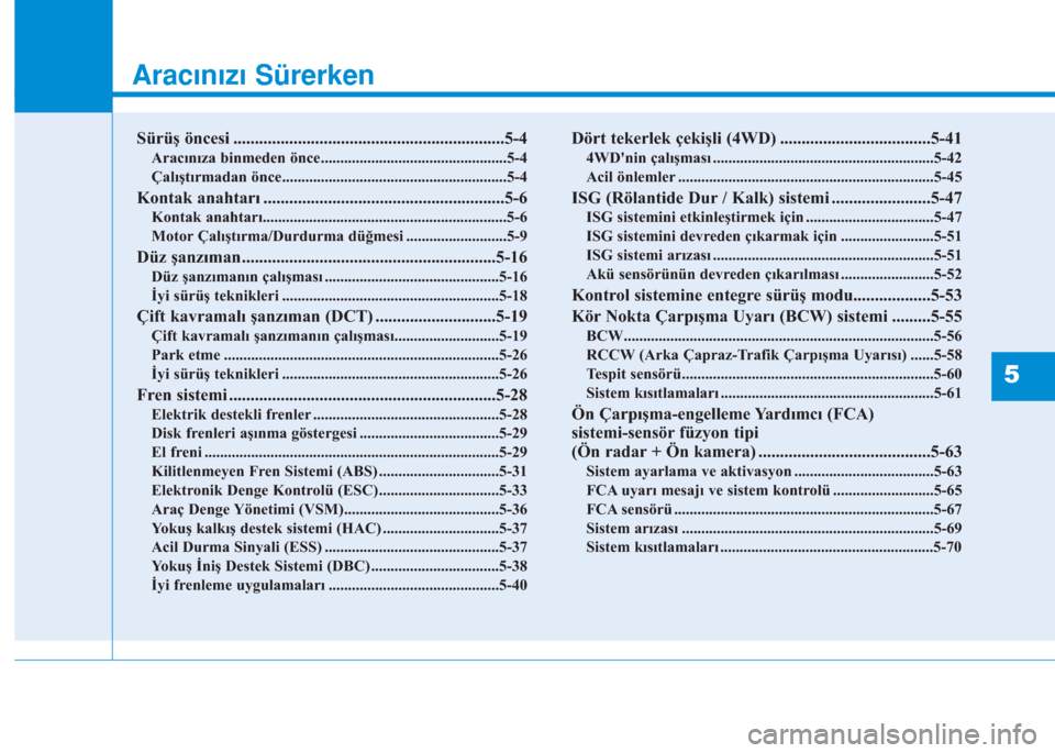 Hyundai Kona 2018 Kullanım Kılavuzu (in Turkish) Aracınızı Sürerken
Sürüş öncesi ...............................................................5-4
Aracınıza binmeden önce................................................5-4
Çalıştırmad Hyundai Kona 2018 Kullanım Kılavuzu (in Turkish) Aracınızı Sürerken
Sürüş öncesi ...............................................................5-4
Aracınıza binmeden önce................................................5-4
Çalıştırmad