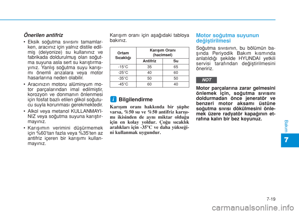 Hyundai Kona 2018  Kullanım Kılavuzu (in Turkish) 7-19
7
Bakım
Önerilen antifriz
• Eksik soğutma sıvısını tamamlar-
ken, aracınız için yalnız distile edil-
miş (deiyonize) su kullanınız ve
fabrikada doldurulmuş olan soğut-
ma suyuna