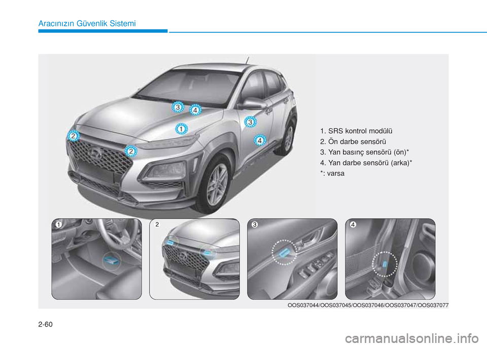 Hyundai Kona 2018 Kullanım Kılavuzu (in Turkish) 2-60
Aracınızın Güvenlik Sistemi
1. SRS kontrol modülü
2. Ön darbe sensörü
3. Yan basınç sensörü (ön)*
4. Yan darbe sensörü (arka)*
*: varsa
OOS037044/OOS037045/OOS037046/OOS037047/OOS Hyundai Kona 2018 Kullanım Kılavuzu (in Turkish) 2-60
Aracınızın Güvenlik Sistemi
1. SRS kontrol modülü
2. Ön darbe sensörü
3. Yan basınç sensörü (ön)*
4. Yan darbe sensörü (arka)*
*: varsa
OOS037044/OOS037045/OOS037046/OOS037047/OOS