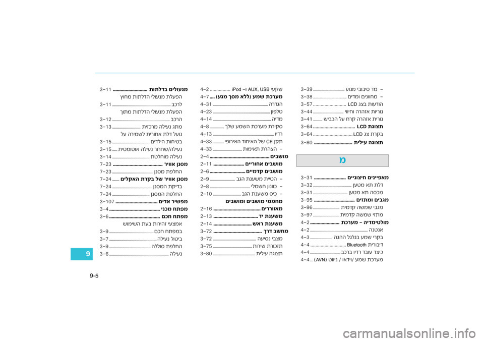 Hyundai Kona 2018  הוראות תפעול לנהג 5
9-
9
י\f דמ
ע\bנמ יב\bב
...............................
339

םידמ\b םינ\b\bחמ
.................................
338
 גצב ת\bעד\bה
LCD
..........................
357
ר�