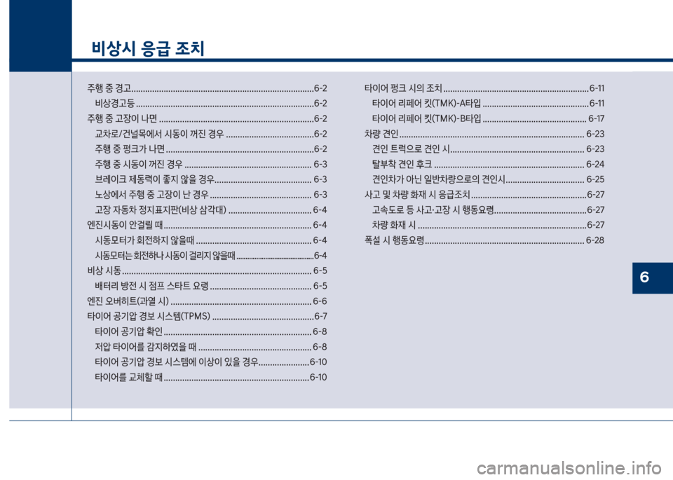 Hyundai Kona 2017  코나 OS - 사용 설명서 (in Korean) 1
비상시 응급 조치
주텤보중보경고보...............................................................................부-2비상경고등보................................................