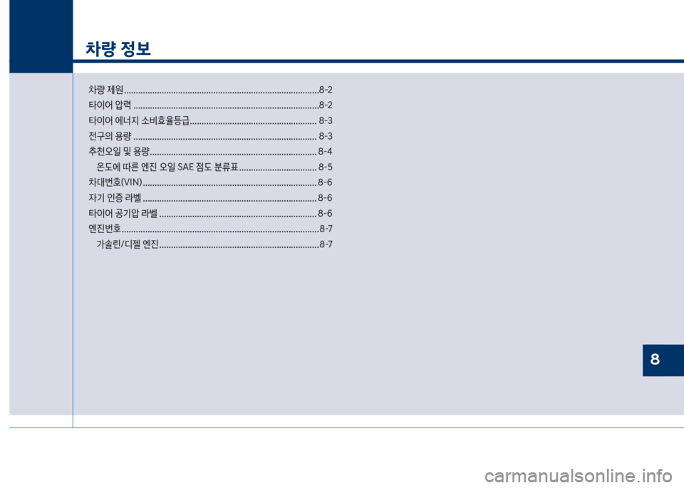 Hyundai Kona 2017  코나 OS - 사용 설명서 (in Korean) 차량 정보
0량 제원 ...................................................................................8-2 
타이어 압