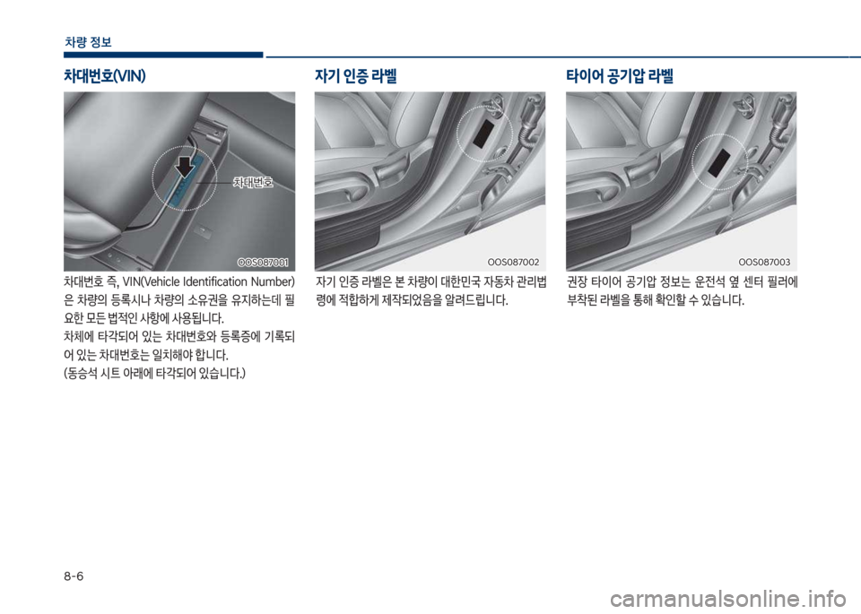 Hyundai Kona 2017  코나 OS - 사용 설명서 (in Korean) 8-6
차량 
보
0대번호  

