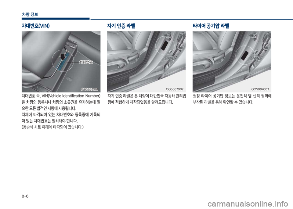 Hyundai Kona 2017  코나 OS - 사용 설명서 (in Korean) 8-6
차량 
보
0대번호  
