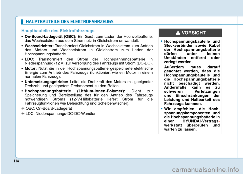 Hyundai Kona EV 2020  Betriebsanleitung (in German) H4
H HA
AU
UP
PT
TB
BA
AU
UT
TE
EI
IL
LE
E 
 D
DE
ES
S 
 E
EL
LE
EK
KT
TR
RO
OF
FA
AH
HR
RZ
ZE
EU
UG
GS
S
Hauptbauteile des Elektrofahrzeugs
On-Board-Ladegerät (OBC):Ein Gerät zum Laden der Hochvolt