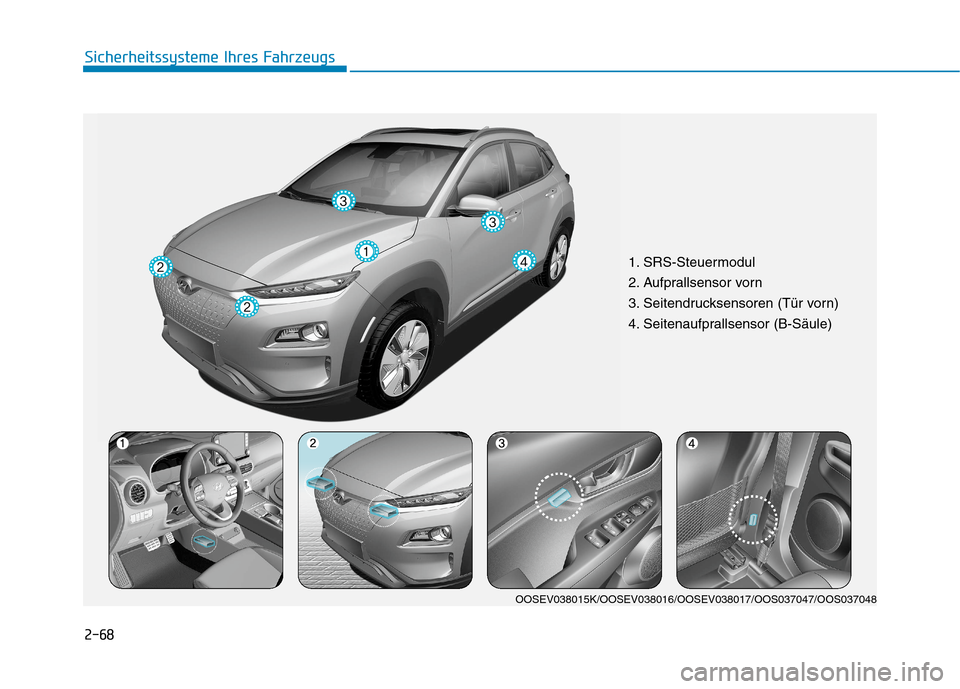 Hyundai Kona EV 2020 Betriebsanleitung (in German) 2-68
Sicherheitssysteme Ihres Fahrzeugs
1. SRS-Steuermodul
2. Aufprallsensor vorn
3. Seitendrucksensoren (Tür vorn)
4. Seitenaufprallsensor (B-Säule)
OOSEV038015K/OOSEV038016/OOSEV038017/OOS037047/O Hyundai Kona EV 2020 Betriebsanleitung (in German) 2-68
Sicherheitssysteme Ihres Fahrzeugs
1. SRS-Steuermodul
2. Aufprallsensor vorn
3. Seitendrucksensoren (Tür vorn)
4. Seitenaufprallsensor (B-Säule)
OOSEV038015K/OOSEV038016/OOSEV038017/OOS037047/O