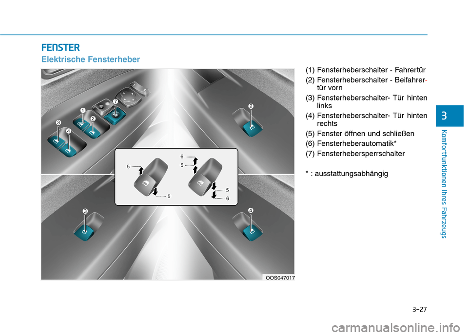 Hyundai Kona EV 2020  Betriebsanleitung (in German) 3-27
Komfortfunktionen Ihres Fahrzeugs
3
(1) Fensterheberschalter - Fahrertür
(2) Fensterheberschalter - Beifahrer-
tür vorn
(3) Fensterheberschalter- Tür  hinten
links
(4) Fensterheberschalter- T