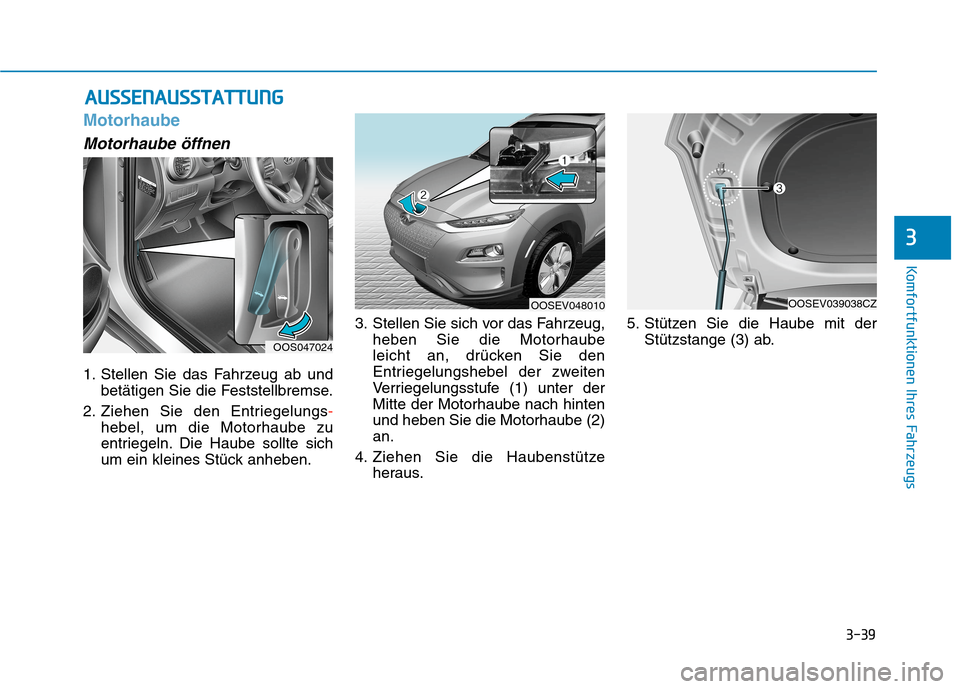 Hyundai Kona EV 2020  Betriebsanleitung (in German) 3-39
Komfortfunktionen Ihres Fahrzeugs
Motorhaube
Motorhaube öffnen
1. Stellen Sie das Fahrzeug ab und
betätigen Sie die Feststellbremse.
2. Ziehen Sie den Entriegelungs-
hebel, um die Motorhaube zu