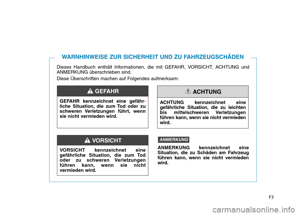 Hyundai Kona EV 2020  Betriebsanleitung (in German) F3
Dieses Handbuch enthält Informationen, die mit GEFAHR, VORSICHT, ACHTUNG und
ANMERKUNG überschrieben sind.
Diese Überschriften machen auf Folgendes aufmerksam:
WARNHINWEISE ZUR SICHERHEIT UND ZU