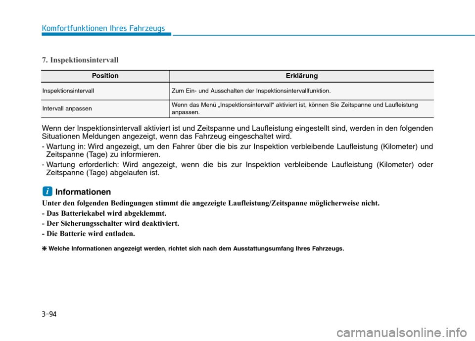 Hyundai Kona EV 2020  Betriebsanleitung (in German) 3-94
Komfortfunktionen Ihres Fahrzeugs
PositionErklärung
InspektionsintervallZum Ein- und Ausschalten der Inspektionsintervallfunktion.
Intervall anpassenWenn das Menü „Inspektionsintervall“ akt