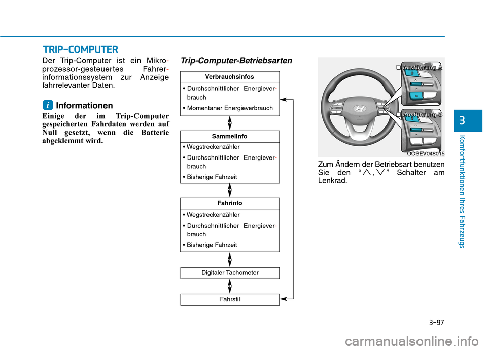 Hyundai Kona EV 2020  Betriebsanleitung (in German) 3-97
Komfortfunktionen Ihres Fahrzeugs
Der Trip-Computer ist ein Mikro-
prozessor-gesteuertes Fahrer-
informationssystem zur Anzeige
fahrrelevanter Daten.
Informationen
Einige der im Trip-Computer
ges