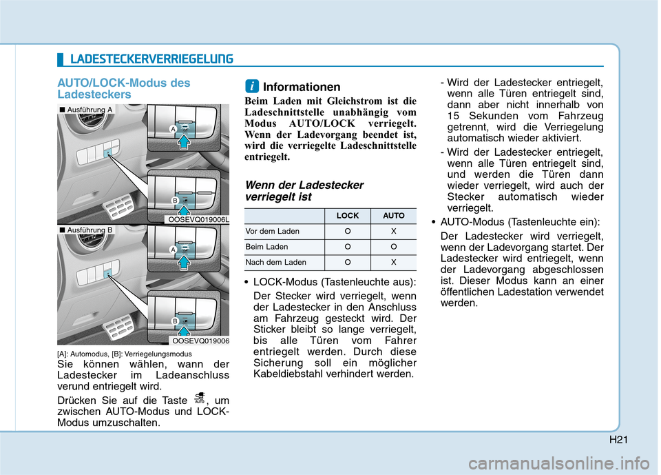 Hyundai Kona EV 2020  Betriebsanleitung (in German) H21
L LA
AD
DE
ES
ST
TE
EC
CK
KE
ER
RV
VE
ER
RR
RI
IE
EG
GE
EL
LU
UN
NG
G
AUTO/LOCK-Modus des
Ladesteckers
[A]: Automodus, [B]: Verriegelungsmodus
Sie können wählen, wann der
Ladestecker im Ladeansc