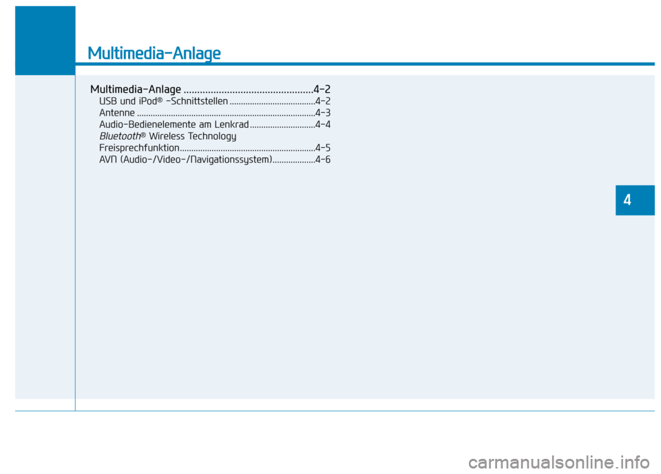 Hyundai Kona EV 2020  Betriebsanleitung (in German) Multimedia-Anlage
Multimedia-Anlage ................................................4-2
USB und iPod®-Schnittstellen ......................................4-2
Antenne ................................