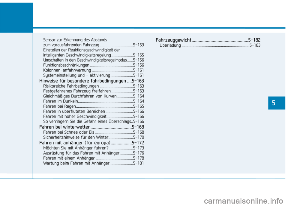 Hyundai Kona EV 2020 Betriebsanleitung (in German) Fahrhinweise
5
Sensor zur Erkennung des Abstands
zum vorausfahrenden Fahrzeug..................................5-153
Einstellen der Reaktionsgeschwindigkeit der
intelligenten Geschwindigkeitsregelun Hyundai Kona EV 2020 Betriebsanleitung (in German) Fahrhinweise
5
Sensor zur Erkennung des Abstands
zum vorausfahrenden Fahrzeug..................................5-153
Einstellen der Reaktionsgeschwindigkeit der
intelligenten Geschwindigkeitsregelun
