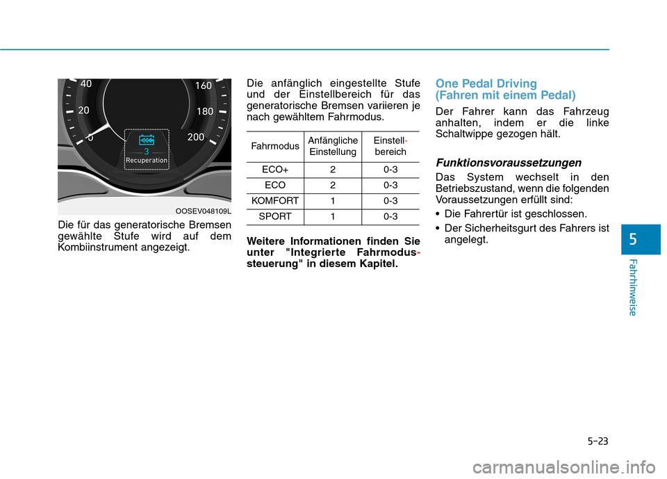 Hyundai Kona EV 2020 Betriebsanleitung (in German) 5-23
Fahrhinweise
Die für das generatorische Bremsen
gewählte Stufe wird auf dem
Kombiinstrument angezeigt.Die anfänglich eingestellte Stufe
und der Einstellbereich für das
generatorische Bremsen Hyundai Kona EV 2020 Betriebsanleitung (in German) 5-23
Fahrhinweise
Die für das generatorische Bremsen
gewählte Stufe wird auf dem
Kombiinstrument angezeigt.Die anfänglich eingestellte Stufe
und der Einstellbereich für das
generatorische Bremsen