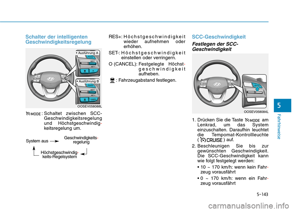 Hyundai Kona EV 2020 Betriebsanleitung (in German) 5-143
Fahrhinweise
5
Schalter der intelligenten
Geschwindigkeitsregelung
: Schaltet zwischen SCC-
Geschwindigkeitsregelung
und Höchstgeschwindig-
keitsregelung um.RES+:Höchstgeschwindigkeit
wieder a Hyundai Kona EV 2020 Betriebsanleitung (in German) 5-143
Fahrhinweise
5
Schalter der intelligenten
Geschwindigkeitsregelung
: Schaltet zwischen SCC-
Geschwindigkeitsregelung
und Höchstgeschwindig-
keitsregelung um.RES+:Höchstgeschwindigkeit
wieder a