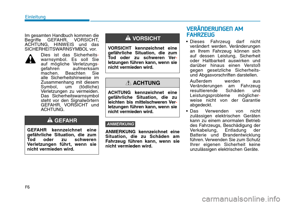 Hyundai Kona EV 2020  Betriebsanleitung (in German) F6
Einleitung
Im gesamten Handbuch kommen die
Begriffe GEFAHR, VORSICHT,
ACHTUNG, HINWEIS und das
SICHERHEITSWARNSYMBOL vor.
Dies ist das Sicherheits-
warnsymbol. Es soll Sie 
auf mögliche Verletzung