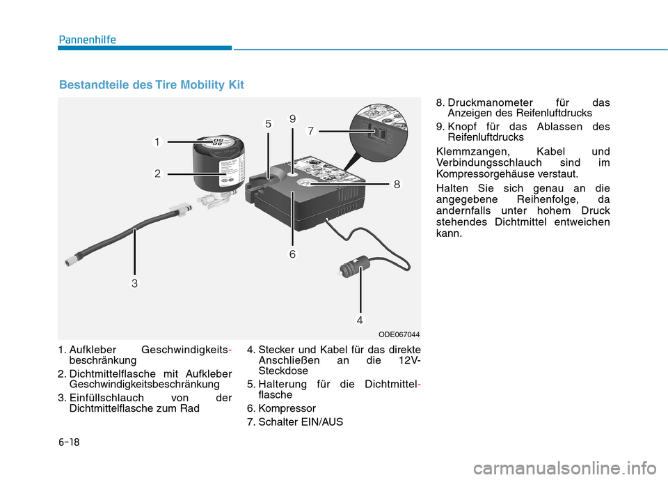 Hyundai Kona EV 2020  Betriebsanleitung (in German) 6-18
Pannenhilfe
1. Aufkleber Geschwindigkeits-
beschränkung
2. Dichtmittelflasche mit Aufkleber
Geschwindigkeitsbeschränkung
3. Einfüllschlauch von der
Dichtmittelflasche zum Rad4. Stecker und Kab