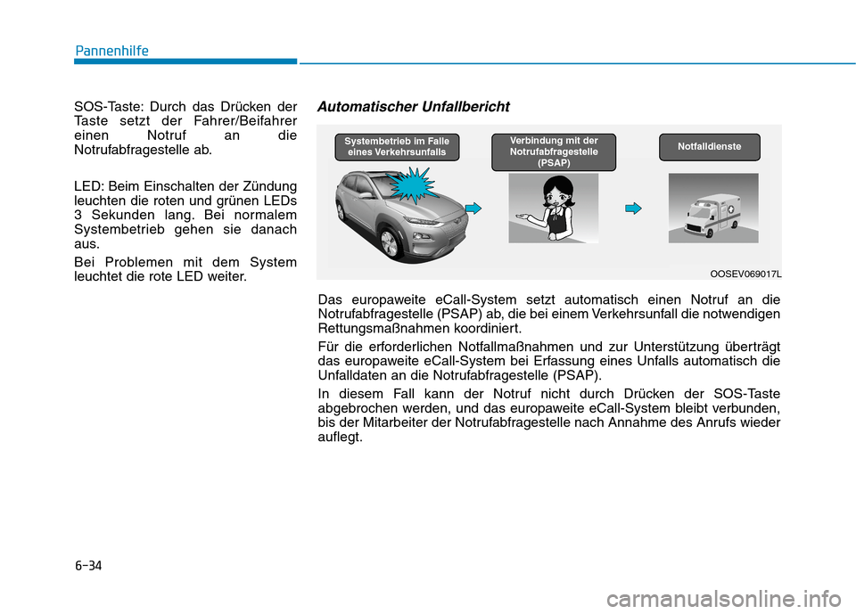 Hyundai Kona EV 2020 Betriebsanleitung (in German) 6-34
SOS-Taste: Durch das Drücken der
Taste setzt der Fahrer/Beifahrer
einen Notruf an die
Notrufabfragestelle ab.
LED: Beim Einschalten der Zündung
leuchten die roten und grünen LEDs
3 Sekunden la Hyundai Kona EV 2020 Betriebsanleitung (in German) 6-34
SOS-Taste: Durch das Drücken der
Taste setzt der Fahrer/Beifahrer
einen Notruf an die
Notrufabfragestelle ab.
LED: Beim Einschalten der Zündung
leuchten die roten und grünen LEDs
3 Sekunden la