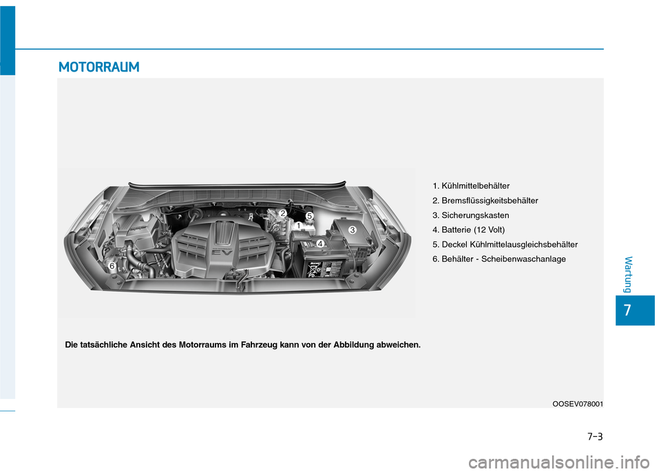 Hyundai Kona EV 2020 Betriebsanleitung (in German) 7-3
7
Wartung
M MO
OT
TO
OR
RR
RA
AU
UM
M
1. Kühlmittelbehälter
2. Bremsflüssigkeitsbehälter
3. Sicherungskasten
4. Batterie (12 Volt)
5. Deckel Kühlmittelausgleichsbehälter
6. Behälter - Schei Hyundai Kona EV 2020 Betriebsanleitung (in German) 7-3
7
Wartung
M MO
OT
TO
OR
RR
RA
AU
UM
M
1. Kühlmittelbehälter
2. Bremsflüssigkeitsbehälter
3. Sicherungskasten
4. Batterie (12 Volt)
5. Deckel Kühlmittelausgleichsbehälter
6. Behälter - Schei