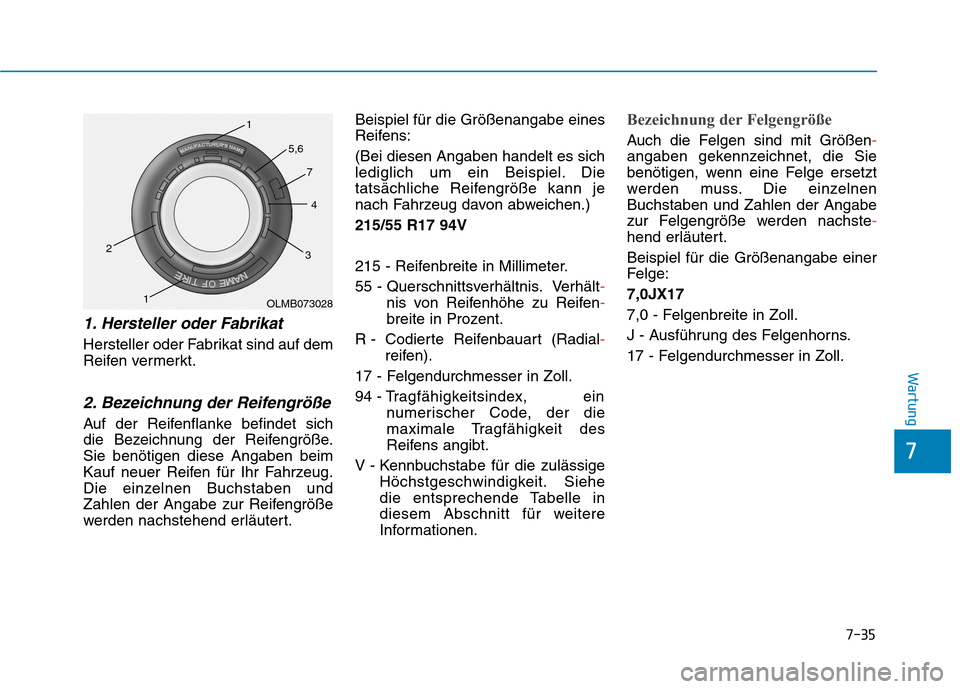 Hyundai Kona EV 2020 Betriebsanleitung (in German) 7-35
7
Wartung
1. Hersteller oder Fabrikat
Hersteller oder Fabrikat sind auf dem
Reifen vermerkt.
2. Bezeichnung der Reifengröße
Auf der Reifenflanke befindet sich
die Bezeichnung der Reifengröß Hyundai Kona EV 2020 Betriebsanleitung (in German) 7-35
7
Wartung
1. Hersteller oder Fabrikat
Hersteller oder Fabrikat sind auf dem
Reifen vermerkt.
2. Bezeichnung der Reifengröße
Auf der Reifenflanke befindet sich
die Bezeichnung der Reifengröß