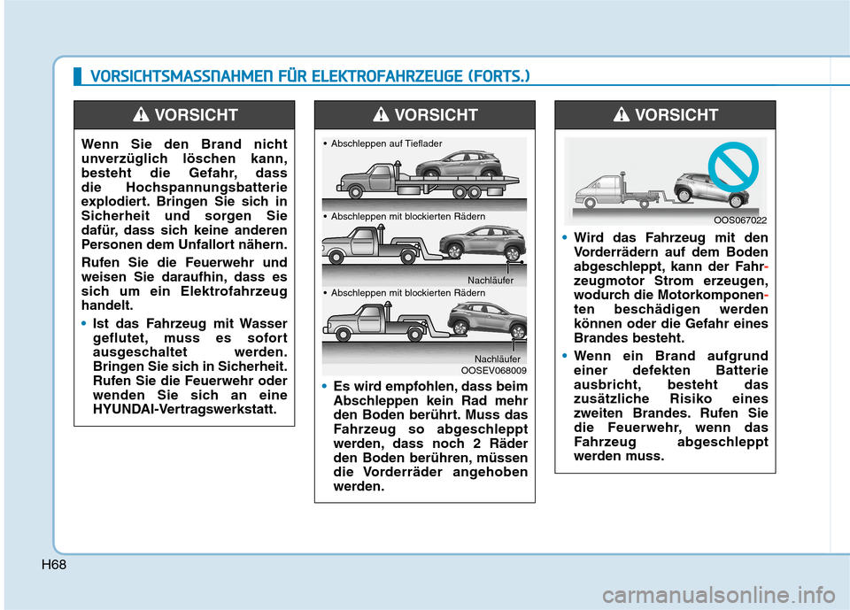 Hyundai Kona EV 2020  Betriebsanleitung (in German) H68
V VO
OR
RS
SI
IC
CH
HT
TS
SM
MA
AS
SS
SN
NA
AH
HM
ME
EN
N 
 F
FÜ
ÜR
R 
 E
EL
LE
EK
KT
TR
RO
OF
FA
AH
HR
RZ
ZE
EU
UG
GE
E 
 (
(F
FO
OR
RT
TS
S.
.)
)
Wenn Sie den Brand nicht
unverzüglich lösche