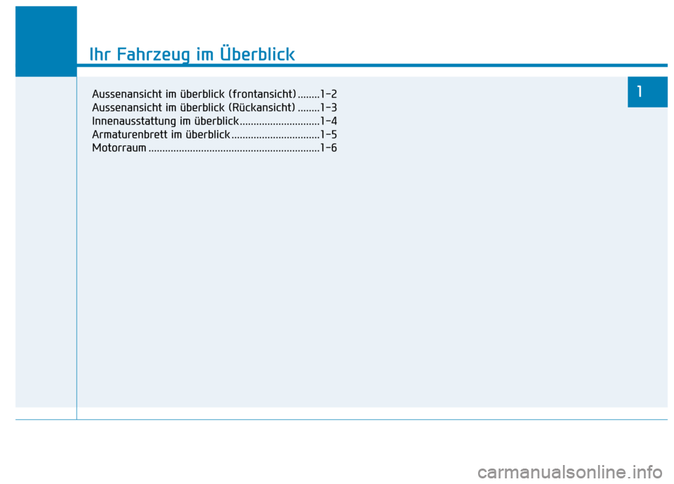 Hyundai Kona EV 2020 Betriebsanleitung (in German) Ihr Fahrzeug im Überblick
1
Ihr Fahrzeug im Überblick
1Aussenansicht im überblick (frontansicht) ........1-2
Aussenansicht im überblick (Rückansicht) ........1-3
Innenausstattung im überblick .. Hyundai Kona EV 2020 Betriebsanleitung (in German) Ihr Fahrzeug im Überblick
1
Ihr Fahrzeug im Überblick
1Aussenansicht im überblick (frontansicht) ........1-2
Aussenansicht im überblick (Rückansicht) ........1-3
Innenausstattung im überblick ..