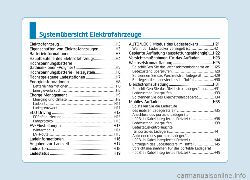 Hyundai Kona EV 2020  Betriebsanleitung (in German) S Sy
ys
st
te
em
mü
üb
be
er
rs
si
ic
ch
ht
t 
 E
El
le
ek
kt
tr
ro
of
fa
ah
hr
rz
ze
eu
ug
ge
e
Elektrofahrzeug .......................................................H3
Eigenschaften von Elektrofa