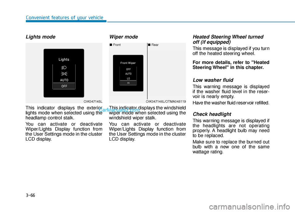 Hyundai Kona EV 2019 User Guide 3-66
Convenient features of your vehicle
Lights mode 
This indicator displays the exterior
lights mode when selected using the
headlamp control stalk.
You can activate or deactivate
Wiper/Lights Displ