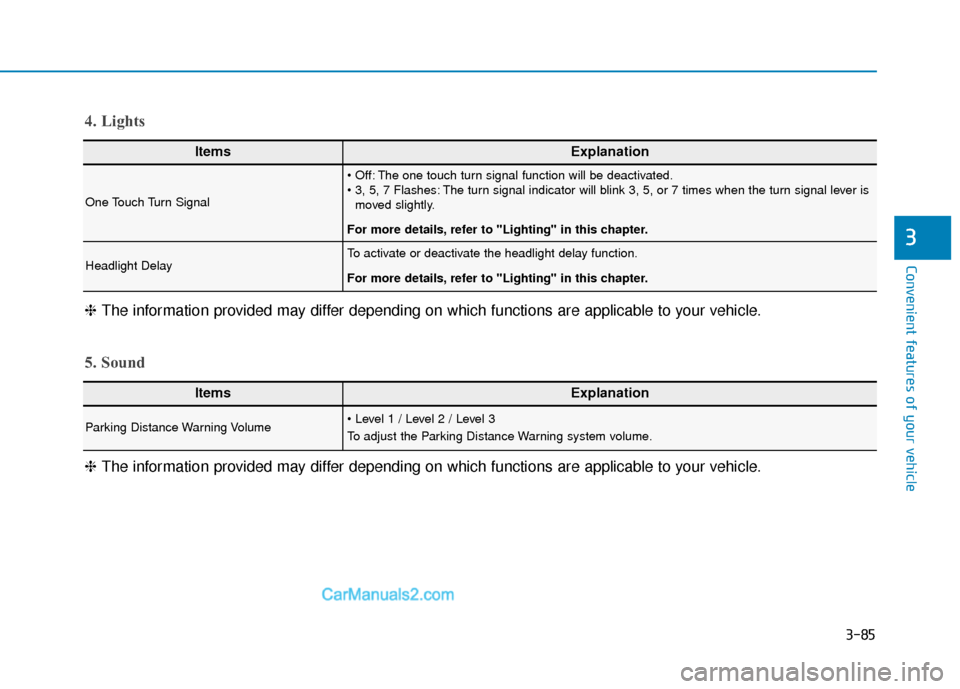 Hyundai Kona EV 2019  Owners Manual 3-85
Convenient features of your vehicle
3
ItemsExplanation
One Touch Turn Signal
 The one touch turn signal function will be deactivated.
 The turn signal indicator will blink 3, 5, or 7 times when t