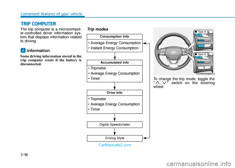 Hyundai Kona EV 2019 Owners Manual 3-90
Convenient features of your vehicle
The trip computer is a microcomput-
er-controlled driver information sys-
tem that displays information related
to driving.
Information
Some driving informati Hyundai Kona EV 2019 Owners Manual 3-90
Convenient features of your vehicle
The trip computer is a microcomput-
er-controlled driver information sys-
tem that displays information related
to driving.
Information
Some driving informati