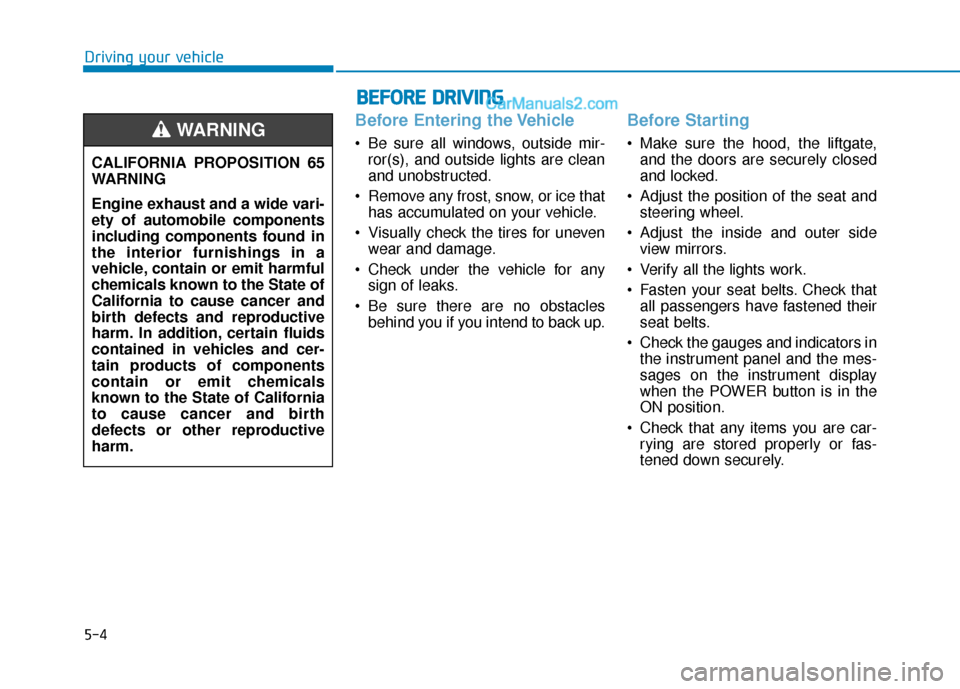 Hyundai Kona EV 2019  Owners Manual 5-4
Driving your vehicle
Before Entering the Vehicle
• Be sure all windows, outside mir-ror(s), and outside lights are clean
and unobstructed.
 Remove any frost, snow, or ice that has accumulated on