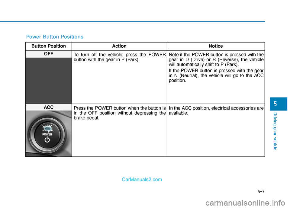 Hyundai Kona EV 2019  Owners Manual 5-7
Driving your vehicle
5
Power Button Positions
Button PositionAction Notice
OFF
To turn off the vehicle, press the POWER
button with the gear in P (Park). Note if the POWER button is pressed with t