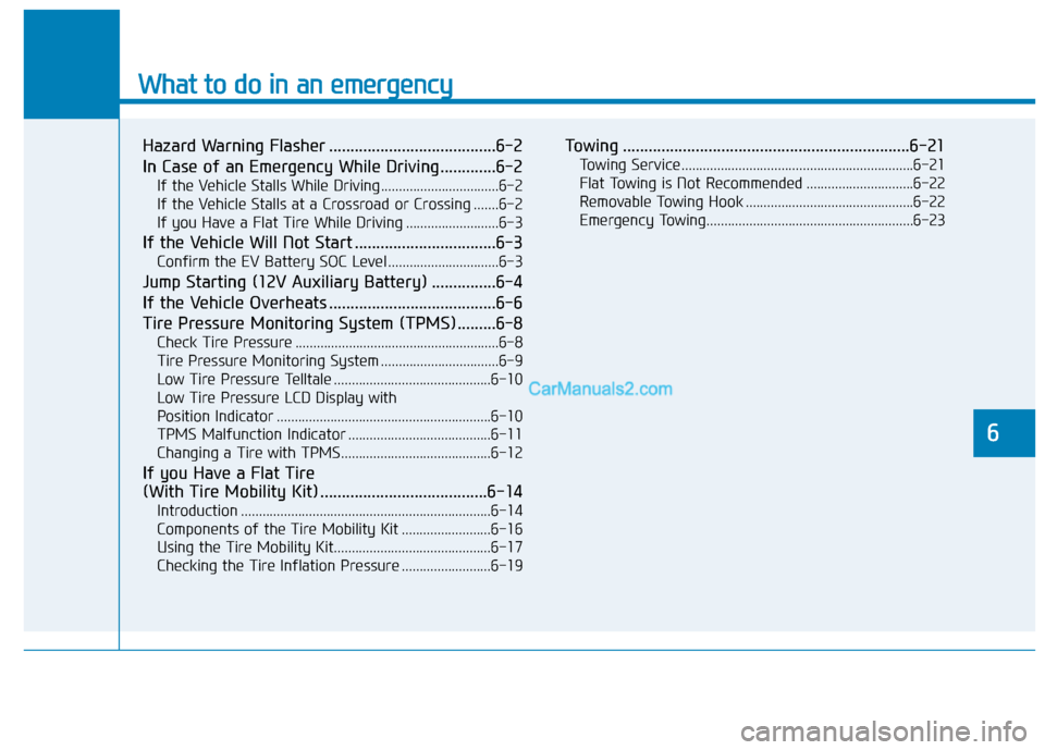 Hyundai Kona EV 2019  Owners Manual What to do in an emergency
6
Hazard Warning Flasher .......................................6-2
In Case of an Emergency While Driving.............6-2
If the Vehicle Stalls While Driving ...............