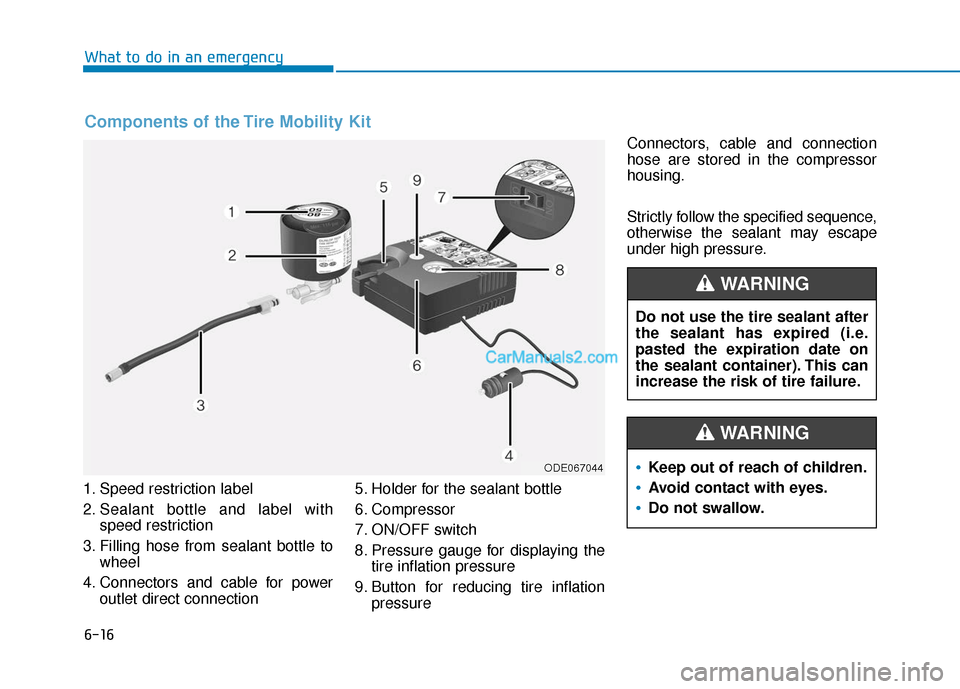 Hyundai Kona EV 2019  Owners Manual 6-16
What to do in an emergency
1. Speed restriction label
2. Sealant bottle and label with speed restriction
3. Filling hose from sealant bottle to wheel
4. Connectors and cable for power outlet dire