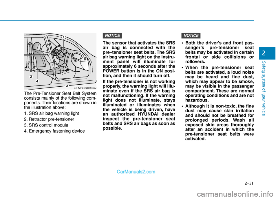 Hyundai Kona EV 2019  Owners Manual 2-31
Safety system of your vehicle
2
The Pre-Tensioner Seat Belt System
consists mainly of the following com-
ponents. Their locations are shown in
the illustration above:
1. SRS air bag warning light