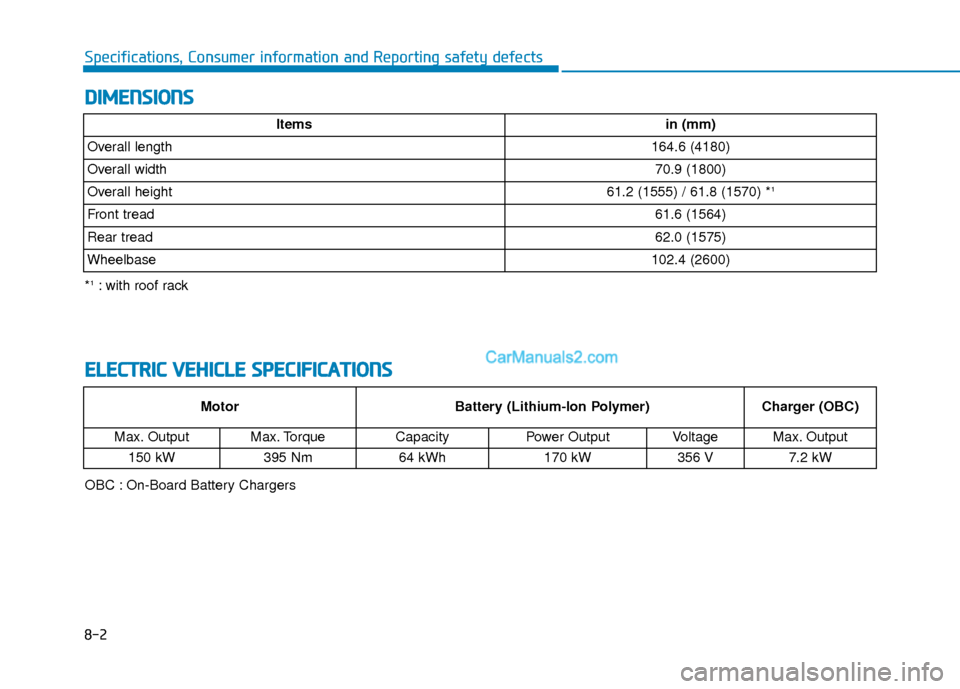 Hyundai Kona EV 2019  Owners Manual D
DI
IM
M E
EN
N S
SI
IO
O N
NS
S
8-2
Specifications, Consumer information and Reporting safety defects
Itemsin (mm)
Overall length164.6 (4180)
Overall width70.9 (1800)
Overall height61.2 (1555) / 61.