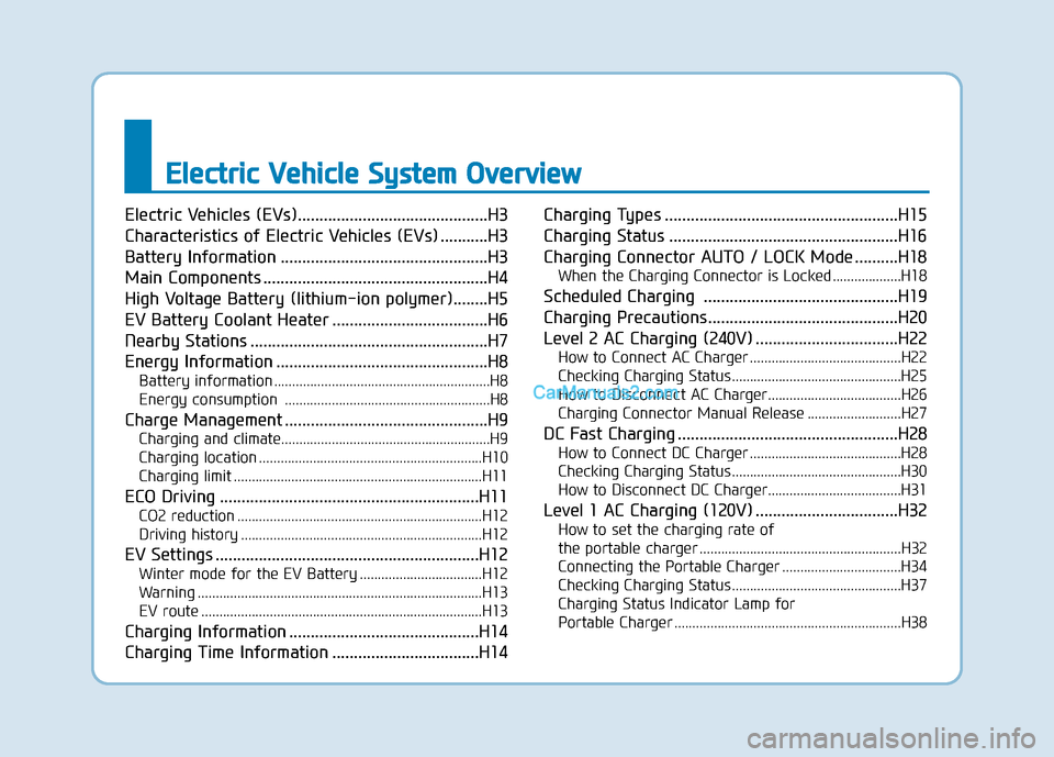 Hyundai Kona EV 2019  Owners Manual E
El
le
e c
ct
tr
r i
ic
c  
 V
V e
eh
h i
ic
c l
le
e  
 S
S y
ys
st
te
e m
m  
 O
O v
ve
e r
rv
v i
ie
e w
w
Electric Vehicles (EVs)............................................H3
Characteristics of 