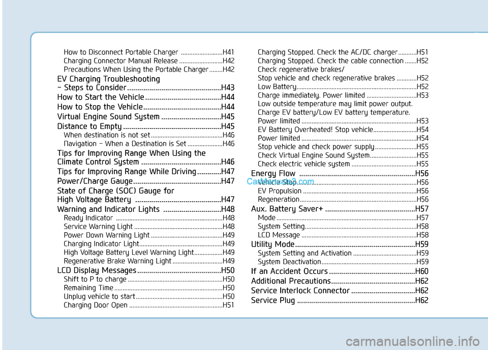 Hyundai Kona EV 2019  Owners Manual How to Disconnect Portable Charger .........................H41
Charging Connector Manual Release ..........................H42
Precautions When Using the Portable Charger ........H42
EV Charging Trou