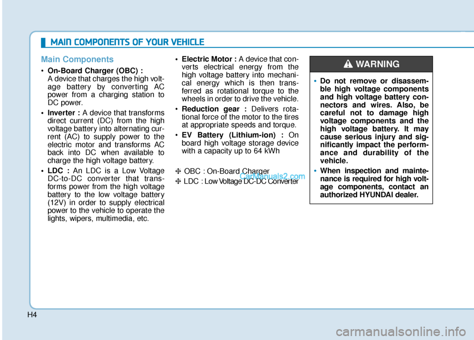 Hyundai Kona EV 2019  Owners Manual H4
Main Components
On-Board Charger (OBC) :
A device that charges the high volt-
age battery by converting AC
power from a charging station to
DC power.
• Inverter : A device that transforms
direct 