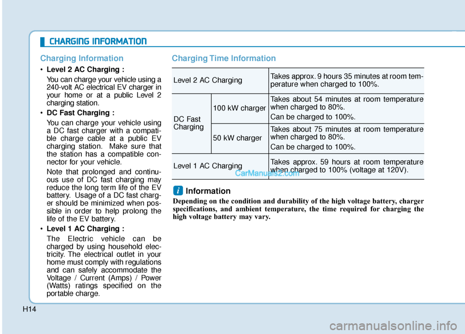 Hyundai Kona EV 2019 Owners Manual H14
Charging Information
Level 2 AC Charging :
You can charge your vehicle using a
240-volt AC electrical EV charger in
your home or at a public Level 2
charging station.
DC Fast Charging :
You can c Hyundai Kona EV 2019 Owners Manual H14
Charging Information
Level 2 AC Charging :
You can charge your vehicle using a
240-volt AC electrical EV charger in
your home or at a public Level 2
charging station.
DC Fast Charging :
You can c