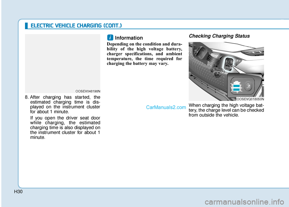 Hyundai Kona EV 2019 Owners Guide H30
E
EL
LE
E C
CT
T R
R I
IC
C  
 V
V E
EH
H I
IC
C L
LE
E  
 C
C H
H A
AR
RG
G I
IN
N G
G 
 (
( C
C O
O N
NT
T.
.)
)
8. After charging has started, the
estimated charging time is dis-
played on the 