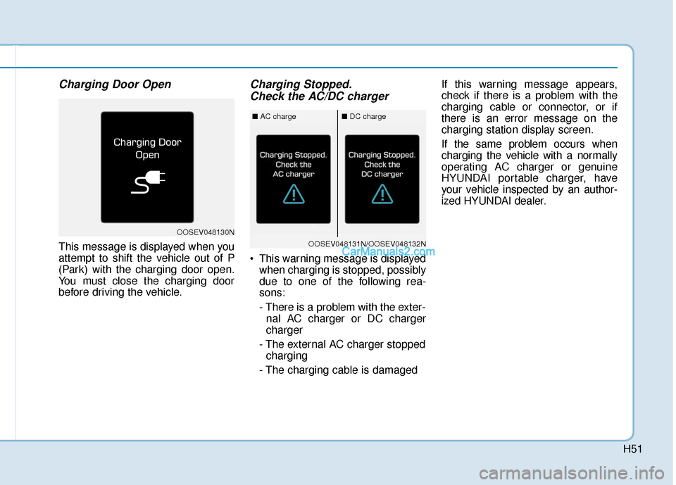 Hyundai Kona EV 2019 Owners Manual H51
Charging Door Open
This message is displayed when you
attempt to shift the vehicle out of P
(Park) with the charging door open.
You must close the charging door
before driving the vehicle.
Chargin Hyundai Kona EV 2019 Owners Manual H51
Charging Door Open
This message is displayed when you
attempt to shift the vehicle out of P
(Park) with the charging door open.
You must close the charging door
before driving the vehicle.
Chargin