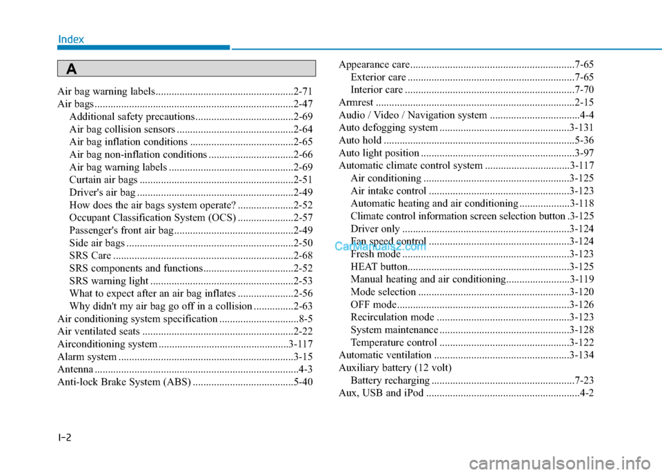 Hyundai Kona EV 2019  Owners Manual I-2
Air bag warning labels ....................................................2-71
Air bags ........................................................................\
...2-47Additional safety precauti