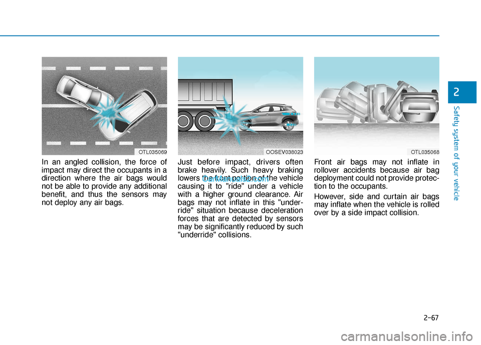 Hyundai Kona EV 2019 Manual Online 2-67
Safety system of your vehicle
2
In an angled collision, the force of
impact may direct the occupants in a
direction where the air bags would
not be able to provide any additional
benefit, and thu Hyundai Kona EV 2019 Manual Online 2-67
Safety system of your vehicle
2
In an angled collision, the force of
impact may direct the occupants in a
direction where the air bags would
not be able to provide any additional
benefit, and thu