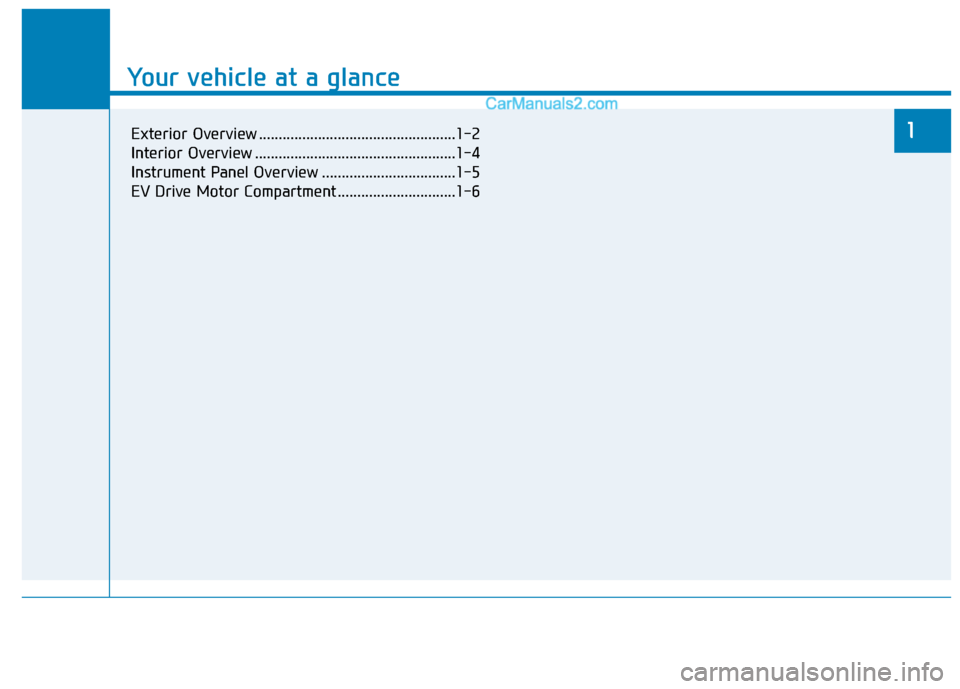 Hyundai Kona EV 2019  Owners Manual Your vehicle at a glance
1
Your vehicle at a glance
Exterior Overview ..................................................1-2
Interior Overview ...................................................1-4
Ins