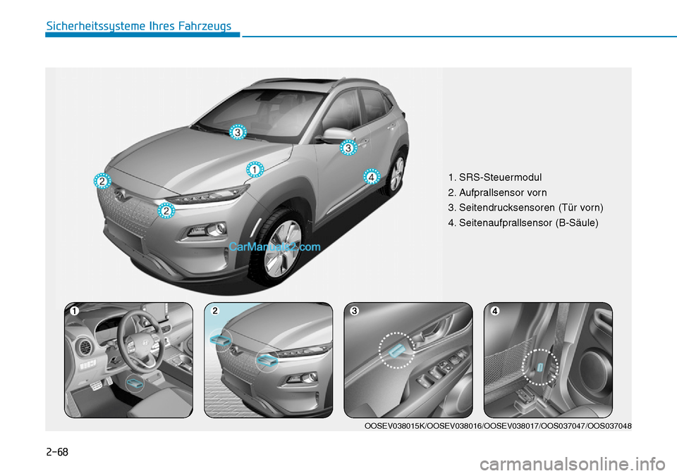 Hyundai Kona EV 2019 Betriebsanleitung (in German) 2-68
Sicherheitssysteme Ihres Fahrzeugs
1. SRS-Steuermodul
2. Aufprallsensor vorn
3. Seitendrucksensoren (Tür vorn)
4. Seitenaufprallsensor (B-Säule)
OOSEV038015K/OOSEV038016/OOSEV038017/OOS037047/O Hyundai Kona EV 2019 Betriebsanleitung (in German) 2-68
Sicherheitssysteme Ihres Fahrzeugs
1. SRS-Steuermodul
2. Aufprallsensor vorn
3. Seitendrucksensoren (Tür vorn)
4. Seitenaufprallsensor (B-Säule)
OOSEV038015K/OOSEV038016/OOSEV038017/OOS037047/O
