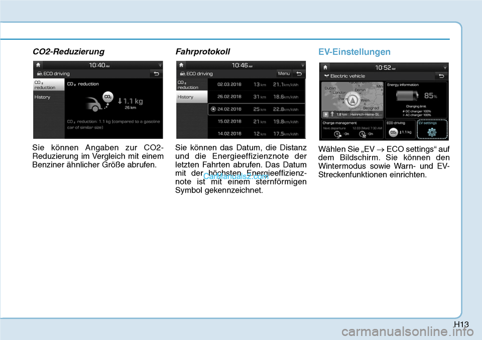 Hyundai Kona EV 2019  Betriebsanleitung (in German) H13
CO2-Reduzierung 
Sie können Angaben zur CO2-
Reduzierung im Vergleich mit einem
Benziner ähnlicher Größe abrufen.
Fahrprotokoll 
Sie können das Datum, die Distanz
und die Energieeffizienznote