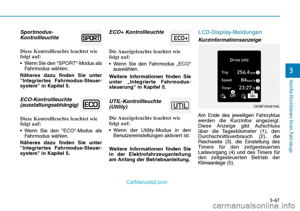 Hyundai Kona EV 2019  Betriebsanleitung (in German) 3-67
Komfortfunktionen Ihres Fahrzeugs
3
Sportmodus-
Kontrollleuchte
Diese Kontrollleuchte leuchtet wie
folgt auf:
• Wenn Sie den "SPORT"-Modus als
Fahrmodus wählen.
Näheres dazu finden Sie unter
